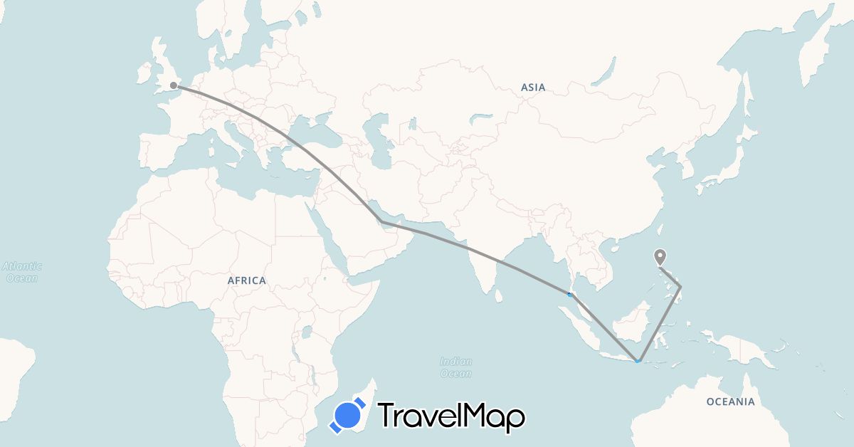 TravelMap itinerary: driving, plane, boat in United Kingdom, Indonesia, Philippines, Qatar, Thailand (Asia, Europe)